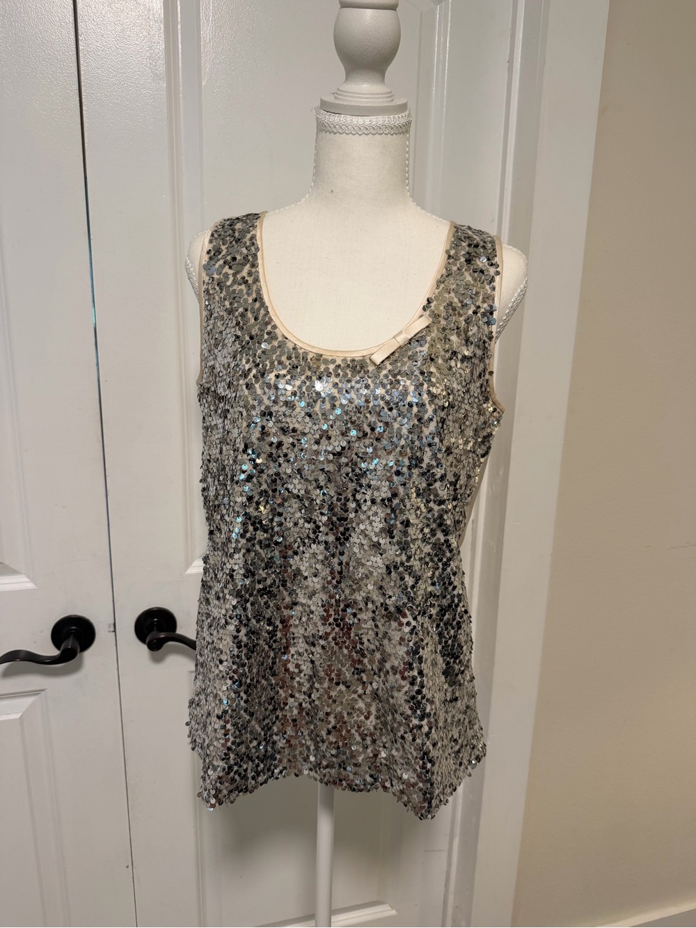 Kate Spade NY Starlight Sequin Lena Cami Tank Silver Sparkle Silk Bow Party Top